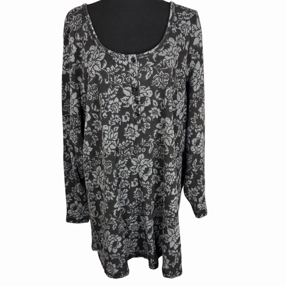 Roamans Gray Floral Long-Sleeve Thermal Henley Knit Top Shirt Plus Size 3X